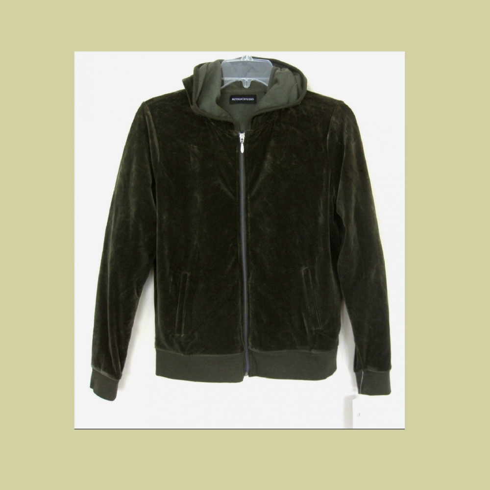 NWT Velour hoodie S Olive green Cotton bl Zip Pockets Jacket Bloomingdales Hoody